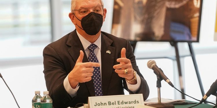 NEW ORLEANS, LOUISIANA - FEBRUARY 07: Louisiana Governor John Bel Edwards speaks to press at Delgado Community College on February 07, 2022 in New Orleans, Louisiana. (Photo by Josh Brasted/Getty Images for Resilience Force)