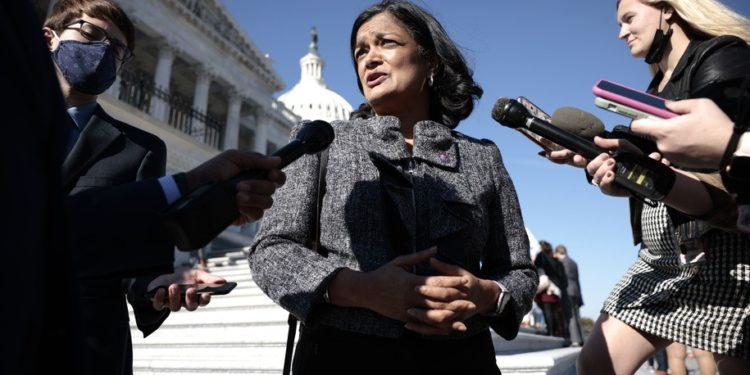 WASHINGTON, DC - NOVEMBER 18: Chair of the Congressional Progressive Caucus Rep. Pramila Jayapal (D-WA) speaks with reporters outside the U.S. Capitol Building on November 18, 2021 in Washington, DC. DC. Democratic leaders in the House are waiting on the final Congressional Budget Office cost estimate for President Joe Biden's Build Back Better before scheduling a vote on the $1.75 trillion social benefits and climate legislation. (Photo by Anna Moneymaker/Getty Images)