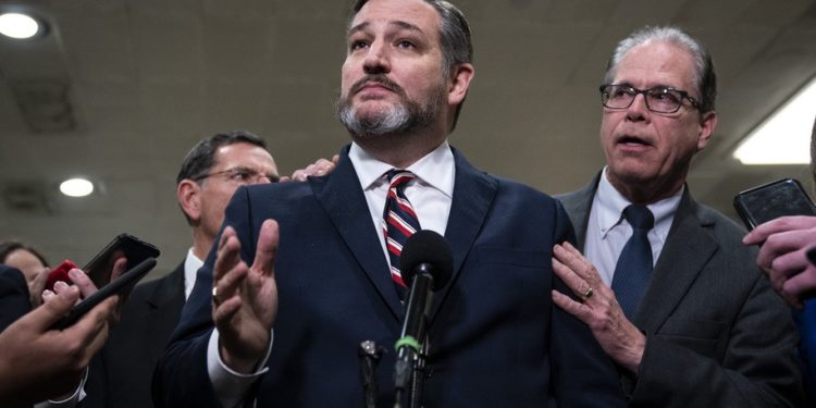 WASHINGTON, DC - JANUARY 27: (L-R) U.S. Sens. Ted Cruz (R-TX) and Mike Braun (R-IN) speak to the media during a dinner break in the Senate impeachment trial at the U.S. Capitol January 27, 2020 in Washington, DC. The defense team will continue its arguments on day six of the Senate impeachment trial against President Donald Trump. (Photo by Drew Angerer/Getty Images)
