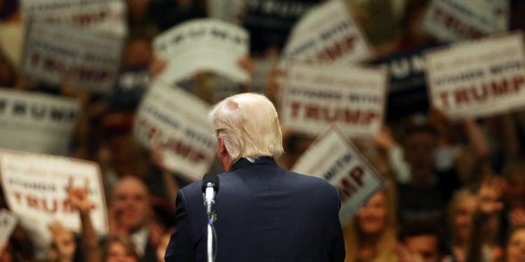 ANAHEIM, CA - MAY 25:  Republican presidential candidate Donald Trump speaks at a rally in Anaheim on May 25, 2016 in Anaheim, California. The presumptive GOP nominee is on a Western campaign swing. A recent rally in Albuquerque, New Mexico turned violent,  leading to at least one arrest and several injuries, police say.  (Photo by Spencer Platt/Getty Images)