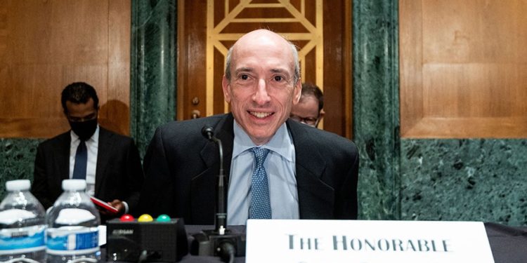 Gary Gensler,Chair of the Securities and Exchange Commission(SEC), takes his seat before the start of the Senate Banking, Housing, and Urban Affairs Committee hearing on "Oversight of the US Securities and Exchange Commission" on September 14, 2021 in Washington,DC. (Photo by Bill Clark / POOL / AFP) (Photo by BILL CLARK/POOL/AFP via Getty Images)