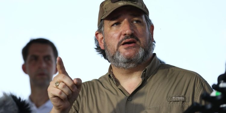 MISSION, TEXAS - MARCH 26: Sen. Ted Cruz (R-TX) speaks to the media after a tour of part of the Rio Grande river on a Texas Department of Public Safety boat on March 26, 2021 in Mission, Texas. The senator is part of a Senate delegation visiting the Texas-Mexican border. (Photo by Joe Raedle/Getty Images)