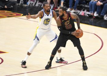 LeBron James is guarded by Kevin Durant