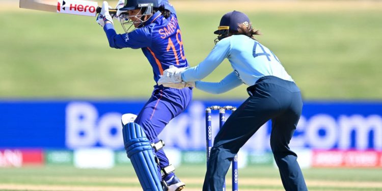 Smriti Mandhana bats during the 2022 ICC Women's Cricket World Cup match against England. Pic: Getty Images