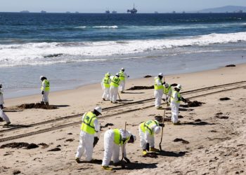 HUNTINGTON BEACH, CALIFORNIA - OCTOBER 09: Cleanup workers search for contaminated sand and seaweed along the mostly empty Huntington Beach about one week after an oil spill from an offshore oil platform on October 9, 2021 in Huntington Beach, California. The heavy crude oil spill affected close to 25 miles of coastline in Orange County. Huntington Beach is open but the public is not allowed to enter the water.  (Photo by Mario Tama/Getty Images)