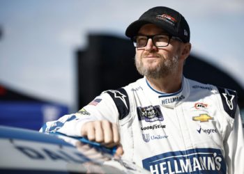 Dale Earnhardt Jr. looks on during practice for the NASCAR Xfinity Series Call 811 Before You Dig 250 powered by Call 811.com at Martinsville Speedway.