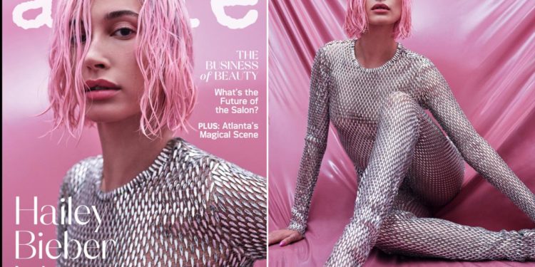 Hailey Baldwin rocks pink hair and metal catsuit for Allure
