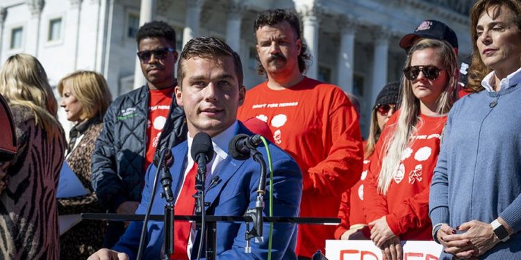 WASHINGTON, DC - NOVEMBER 01: Rep. Madison Cawthorn (R-NC) speaks during a press conference in front of the U.S. Capitol on November 1, 2021 in Washington, DC. The event was held to support first responders who may lose their jobs for refusing to get a COVID-19 vaccination. (Photo by Pete Marovich/Getty Images)