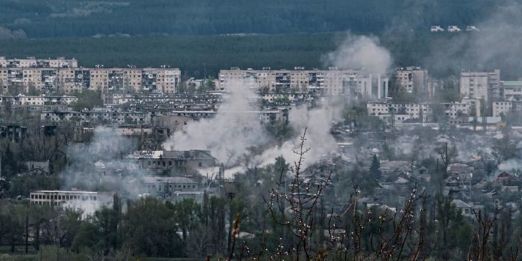 A picture taken from Novodruzhesk shows smoke rising after shelling in Rubizhne, on April 22, 2022, amid Russian invasion of Ukraine. (Photo by Yasuyoshi CHIBA / AFP) (Photo by YASUYOSHI CHIBA/AFP via Getty Images)