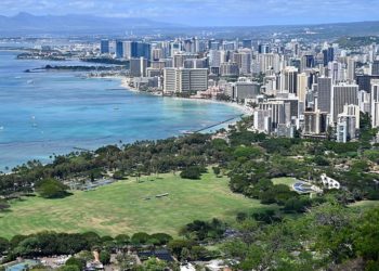 A general view shows Waikiki and Honolulu, Hawaii, from the Diamond Head crater on February 20, 2022. (Photo by Daniel SLIM / AFP) (Photo by DANIEL SLIM/AFP via Getty Images)