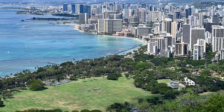 A general view shows Waikiki and Honolulu, Hawaii, from the Diamond Head crater on February 20, 2022. (Photo by Daniel SLIM / AFP) (Photo by DANIEL SLIM/AFP via Getty Images)