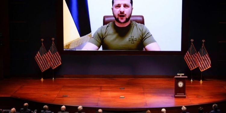 Ukrainian President Volodymyr Zelensky virtually addresses the US Congress on March 16, 2022, at the US Capitol Visitor Center Congressional Auditorium, in Washington, DC. (Photo by J. Scott Applewhite / POOL / AFP) (Photo by J. SCOTT APPLEWHITE/POOL/AFP via Getty Images)