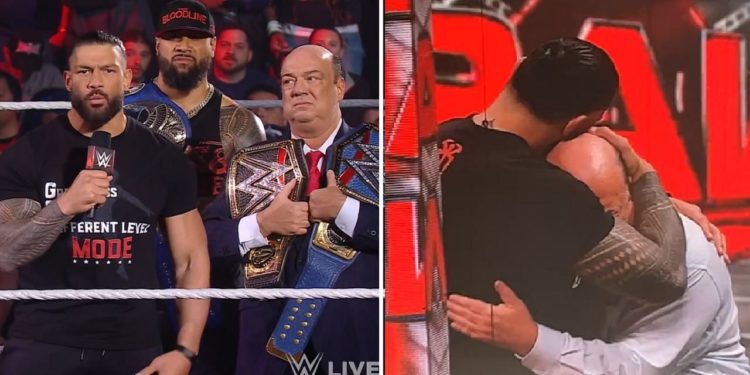 The Bloodline; Reigns consoling Paul Heyman during the dark match