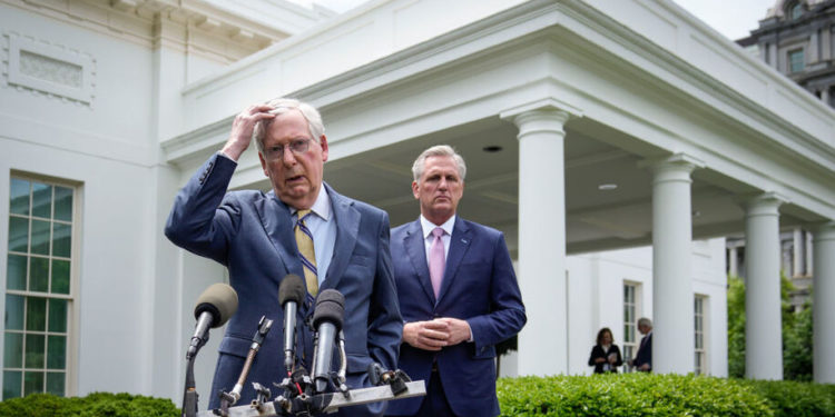 WASHINGTON, DC - MAY 12: (L-R) Senate Minority Leader Mitch McConnell (R-KY) and House Minority Leader Kevin McCarthy (R-CA) address reporters outside the White House after their Oval Office meeting with President Joe Biden on May 12, 2021 in Washington, DC. Biden and Vice President Kamala Harris met with Congressional leadership on Wednesday, in an attempt to find common ground on issues. (Photo by Drew Angerer/Getty Images)