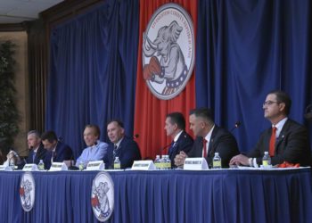 Candidates left to right; North Shores commentator Tudor Dixon, Metro Detroit businessman Kevin Rinke, Allendale real estate broker Ryan Kelley, Oakland County businessman Perry Johnson, MSP Captain Michael Brown, Oakland County Pastor Ralph Rebandt, Mattawan chiropractor Garrett Soldano and Grand Haven financial advisor Michael Markey participate in the Livingston County Republican Party GOP Gubernatorial debate at Crystal Gardens Event and Banquet Center in Howell, Mich., Thursday night, May 12, 2022. (Todd McInturf/Detroit News via AP)