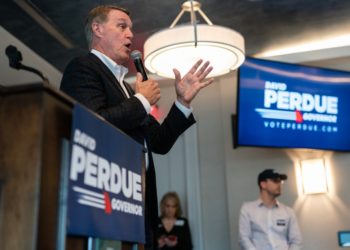 DULUTH, GA - MARCH 29: Republican Gubernatorial candidate David Perdue speaks at a campaign event on March 29, 2022 in Duluth, Georgia. (Photo by Elijah Nouvelage/Getty Images)