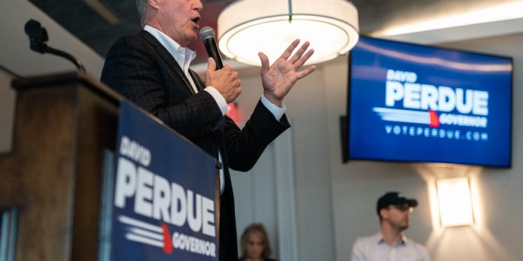 DULUTH, GA - MARCH 29: Republican Gubernatorial candidate David Perdue speaks at a campaign event on March 29, 2022 in Duluth, Georgia. (Photo by Elijah Nouvelage/Getty Images)