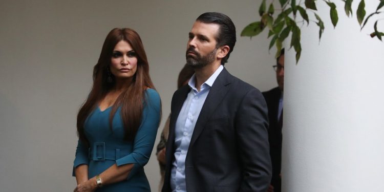 WASHINGTON, DC - JULY 11: Donald Trump Jr. and Kimberly Guilfoyle arrive to a press conference on the census by President Trump in the Rose Garden of the White House on July 11, 2019 in Washington, DC. PresidentÂ Trump, who had previously pushed to add a citizenship question to the 2020 census, announced that he would direct the Commerce Department to collect that data in other ways.  (Photo by Mark Wilson/Getty Images)