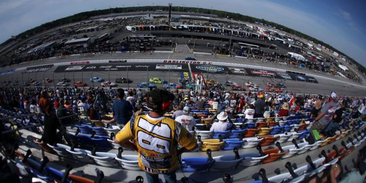 NASCAR fans look on during the NASCAR Cup Series Goodyear 400 at Darlington Raceway (Photo by Sean Gardner/Getty Images)