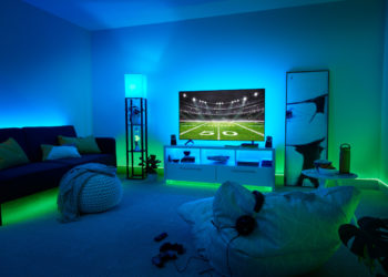 GE Cync lights set up in gaming room.