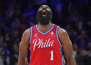 James Harden #1 of the Philadelphia 76ers reacts against the Miami Heat in the second half during Game Four of the 2022 NBA Playoffs Eastern Conference Semifinals at the Wells Fargo Center on May 8, 2022 in Philadelphia, Pennsylvania.