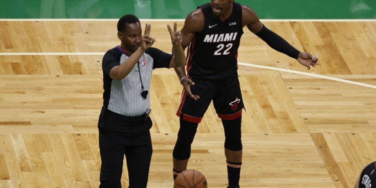Jimmy Butler of the Miami Heat reacts to a call during Game 3 of the Eastern Conference finals.
