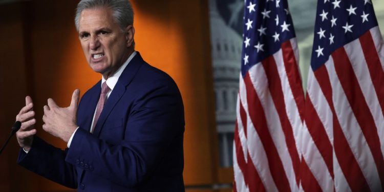 WASHINGTON, DC - JANUARY 13:  U.S. House Minority Leader Rep. Kevin McCarthy (R-CA) speaks during a weekly news conference at the U.S. Capitol on January 13, 2022 in Washington, DC. Leader McCarthy announced yesterday that he would not voluntarily cooperate with the Select Committee to Investigate the January 6th Attack on the United States Capitol after the committee has formally requested an interview with him. (Photo by Alex Wong/Getty Images)