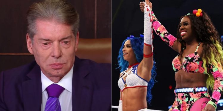 Vince McMahon (left); Sasha Banks and Naomi (right)
