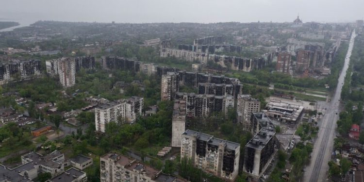 An aerial view of the Central district of the port city of Mariupol on May 18, 2022, amid the ongoing Russian military action in Ukraine. (Photo by Andrey BORODULIN / AFP) (Photo by ANDREY BORODULIN/AFP via Getty Images)