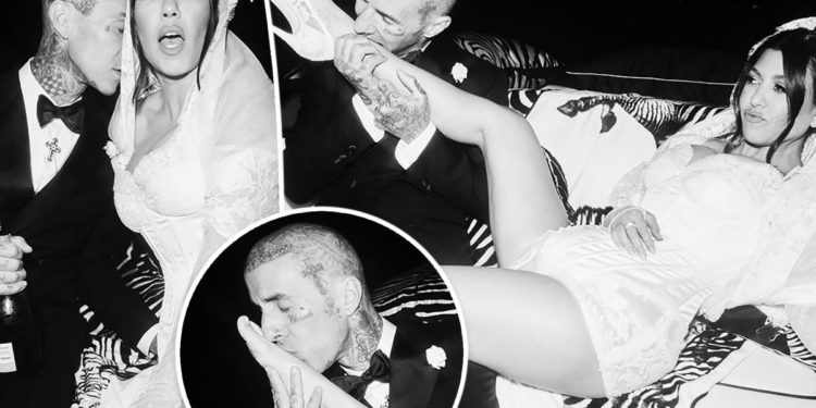 Travis Barker bites Kourtney Kardashian's feet in wedding pics