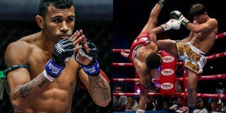 Walter Goncalves (left) emulates Saenchai's signature kick (right).