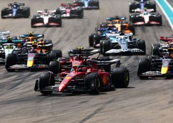 F1 Grand Prix of Miami - Charles Leclerc leads the field into turn 1