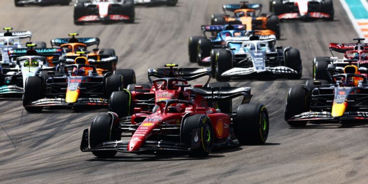 F1 Grand Prix of Miami - Charles Leclerc leads the field into turn 1
