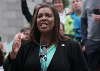 NEW YORK CITY - MAY 03: New York Attorney General Letitia James speaks to hundreds of people as they gather in Foley Square in Manhattan to show their support for abortion rights in America on May 03, 2022 in New York City.  A leaked draft opinion by Justice Samuel Alito has suggested that the U.S. Supreme Court is poised to overturn Roe v. Wade, a historic ruling that gives women in America the ability to legally have abortions. (Photo by Spencer Platt/Getty Images)