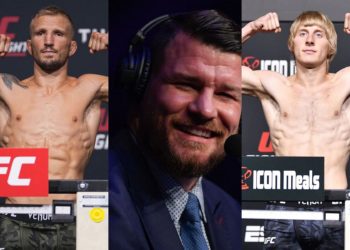 T.J. Dillashaw (left), Michael Bisping (center), and Paddy Pimblett (right) [Images courtesy of Getty]