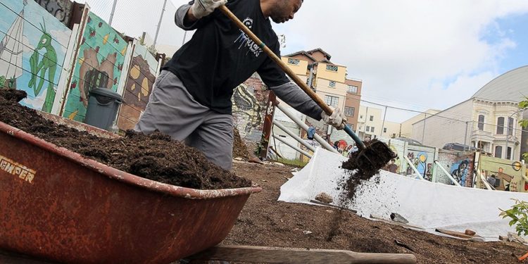 SAN FRANCISCO - MARCH 31:  A volunteer distributes mulch at the "Free Farm" March 31, 2010 in San Francisco, California. A group of garden activists have constructed a community garden on a piece of land that has been vacant since the St. Paulus Church burned down in 1995. The all-volunteer garden will give away all the food that is grown at the garden to local residents and anyone who is in need.  (Photo by Justin Sullivan/Getty Images)