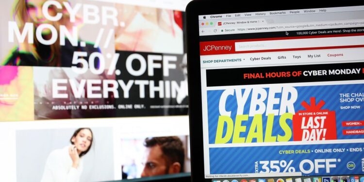 SAN ANSELMO, CA - NOVEMBER 27:   In this photo illustration, an ad seen on the JCPenney website for a Cyber Monday sale is displayed on laptop computers on November 27, 2017 in San Anselmo, California. Cyber Monday will likely be the biggest shopping day in U.S. e-commerce history with an expected $6.6 billion in sales. (Photo Illustration by Justin Sullivan/Getty Images)