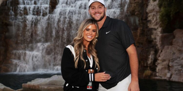 LAS VEGAS, NEVADA - JUNE 01: Josh Allen and Brittany Williams pose during Capital One's The Match VI - Brady & Rodgers v Allen & Mahomes at Wynn Golf Club on June 01, 2022 in Las Vegas, Nevada. (Photo by Carmen Mandato/Getty Images for The Match)